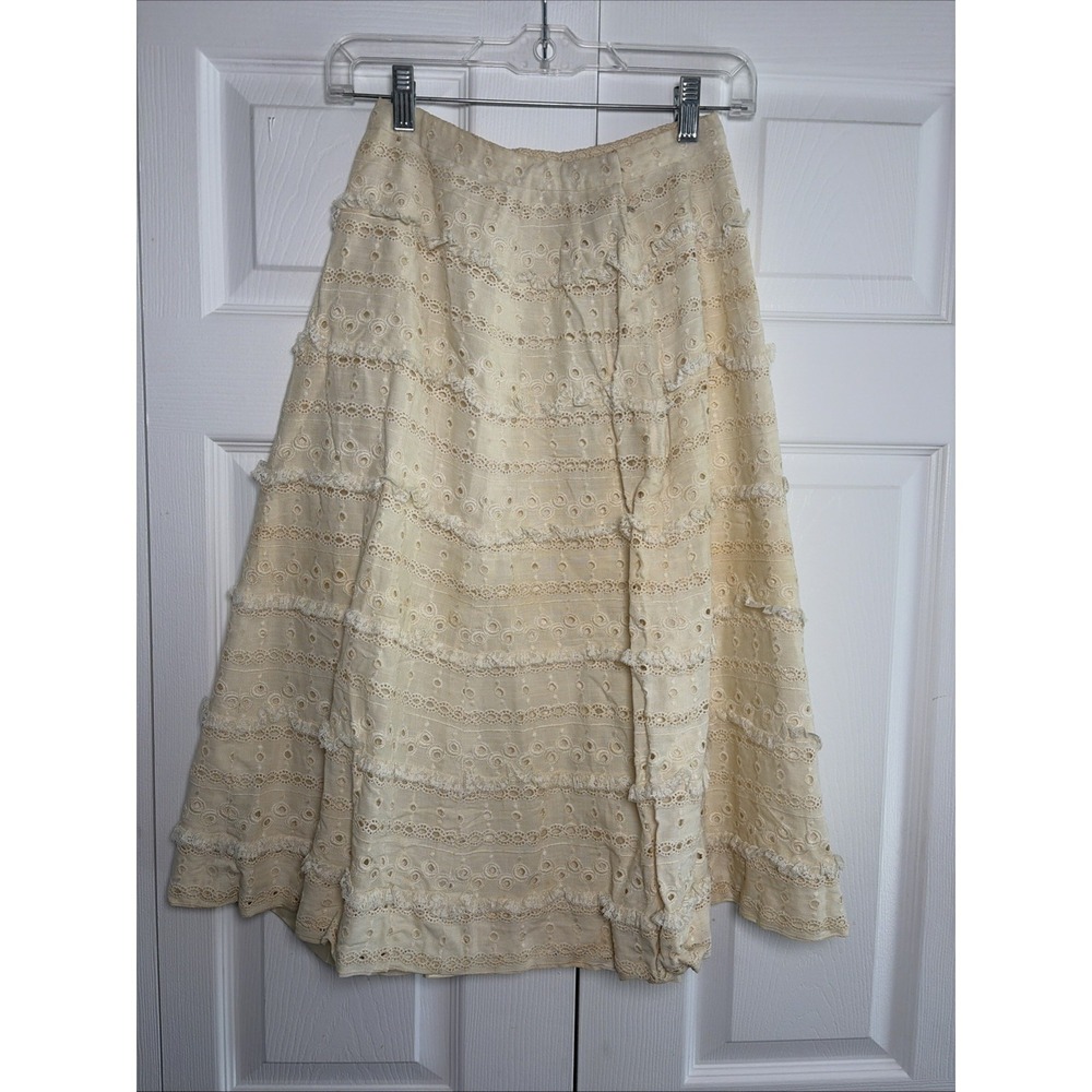 Vintage‎ 1940s Eyelet Lace Tiered Ruffle Skirt Womens Size S Cream Cotton Boho